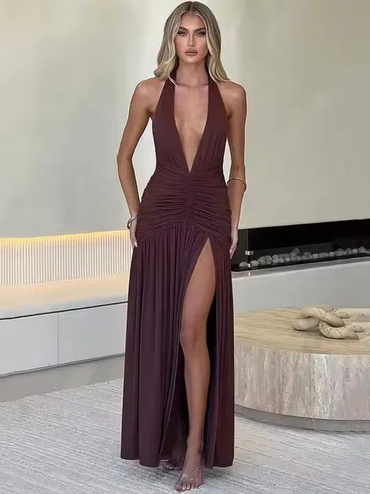 🍒backless sleeveless dress halter V-neck elegant maxi high slit womens fashion party occasion wear