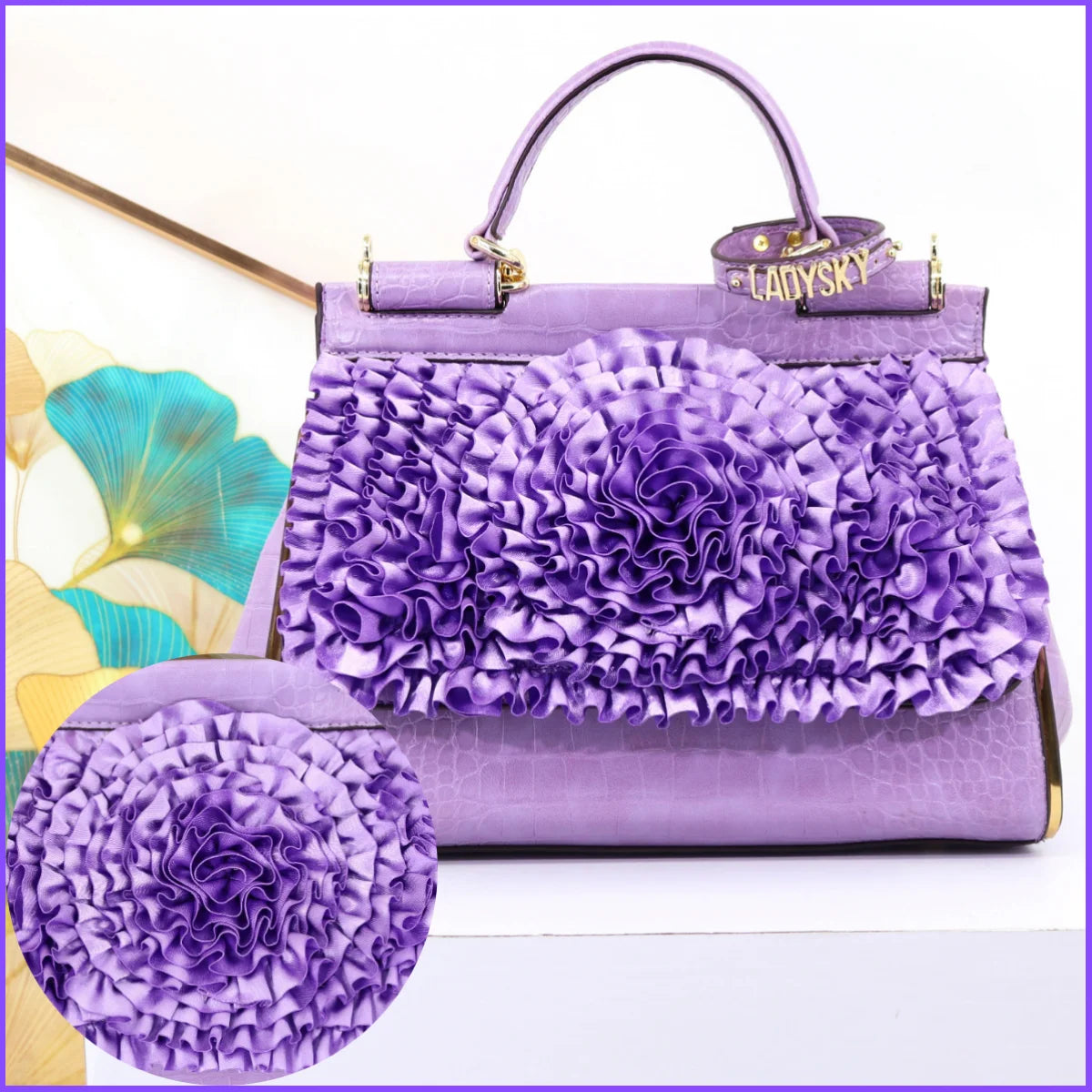 🍒3D foral handbag women fashion ladies bag luxury crossbody handbag crocodile elegant occasion accessory lotus leaf flower bag female bag with grab handle 30 cm Rose Gold