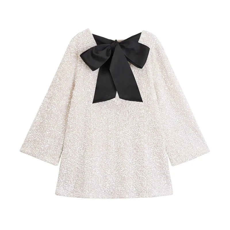 🍒Women's bow front dress sequin outfit for occasion retro long sleeve female party wear Mini dress with wide sleeves.
