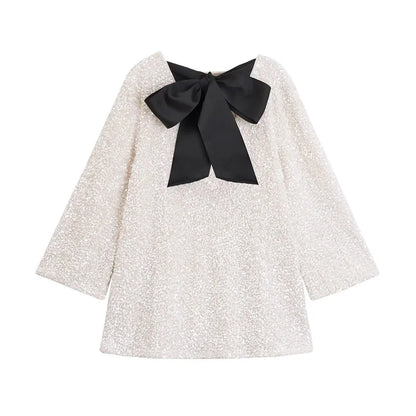 🍒Women's bow front dress sequin outfit for occasion retro long sleeve female party wear Mini dress with wide sleeves.