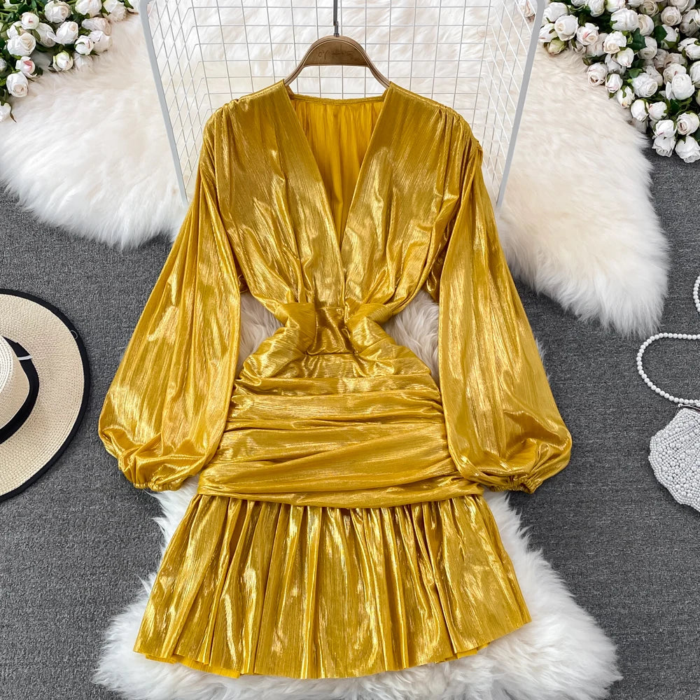 🍒Womens spring summer fashion dress shiny material v -neck lantern sleeve pleated occasion outfit hip wrap clothing party wear Super Sensual Satin