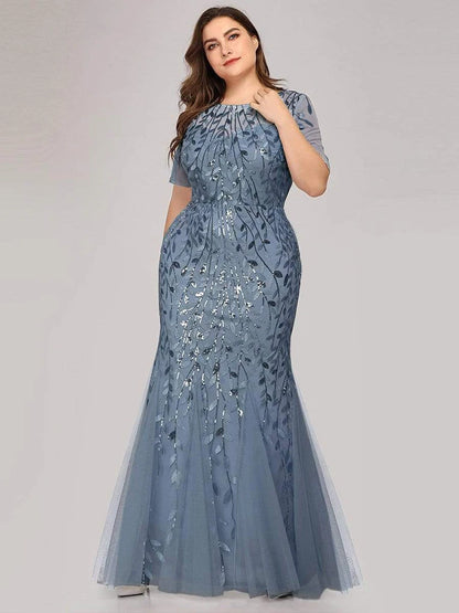 🍒Plus size sequin mesh dress mermaid evening gown beaded leaves pattern party occasion wear prom gowns short Sleeve sparkly outfits for women Fish Dish For Christmas
