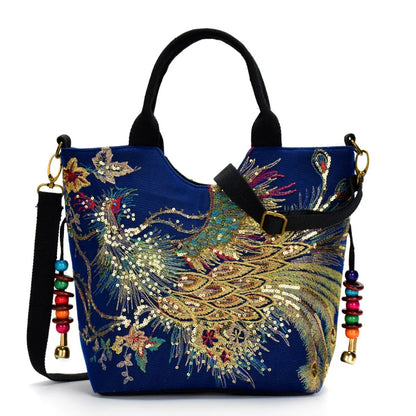 🍒Sequins tote bag ethnic style peacock embroidery handbags ladies vintage canvas crossbody bag grab bag smart casual accesssories Display Your Style With A peacock