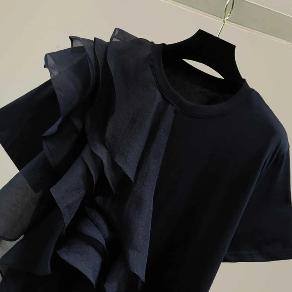 🍒Mixed media ruffle white tops for women o-neck short sleeve casual t-shirt female fashion clothing Summer