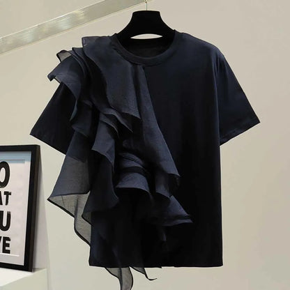 🍒Mixed media ruffle white tops for women o-neck short sleeve casual t-shirt female fashion clothing Summer