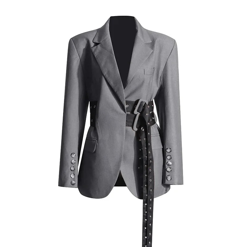 🍒Double belt button casual jacket v-neck lapel jacket belted blazers for occasion women outwear smart casual clothes  A Belter of A Blazer