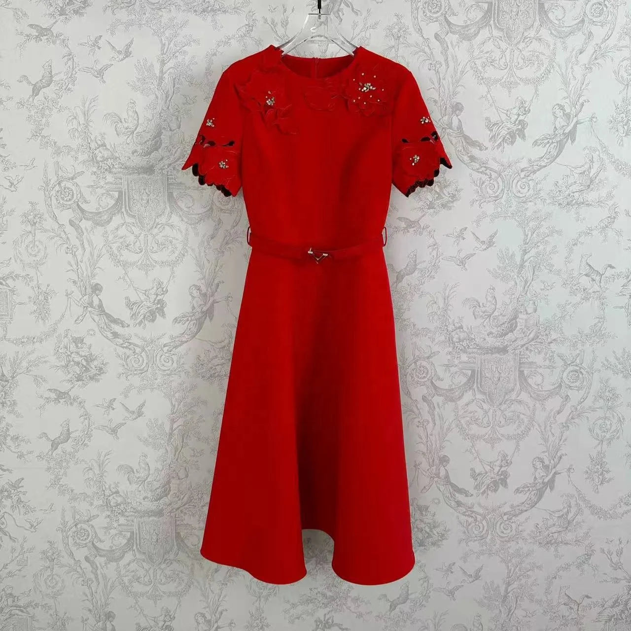 🍒Short sleeve vintage dress short sleeve midi hand-made lace hollow diamond summer outfit a-line womens fashion wear Line Up For As or you wil B disapointed