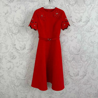 🍒Short sleeve vintage dress short sleeve midi hand-made lace hollow diamond summer outfit a-line womens fashion wear Line Up For As or you wil B disapointed