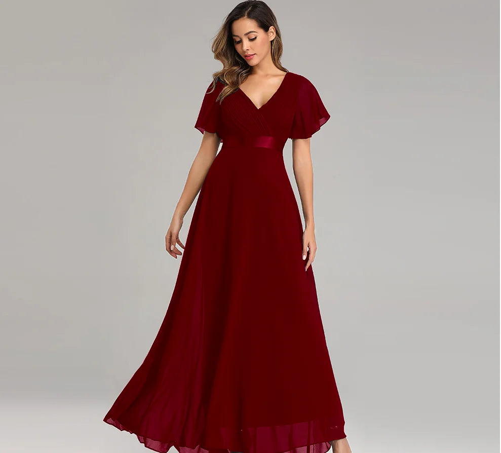 🍒Elegant evening dresses chiffon v-neck ruffle dress long gown for wedding party occasion wear outfit a-line maxi