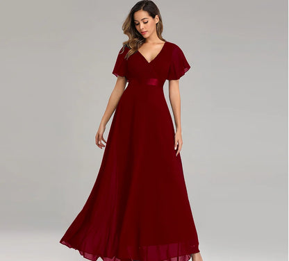 🍒Elegant evening dresses chiffon v-neck ruffle dress long gown for wedding party occasion wear outfit a-line maxi