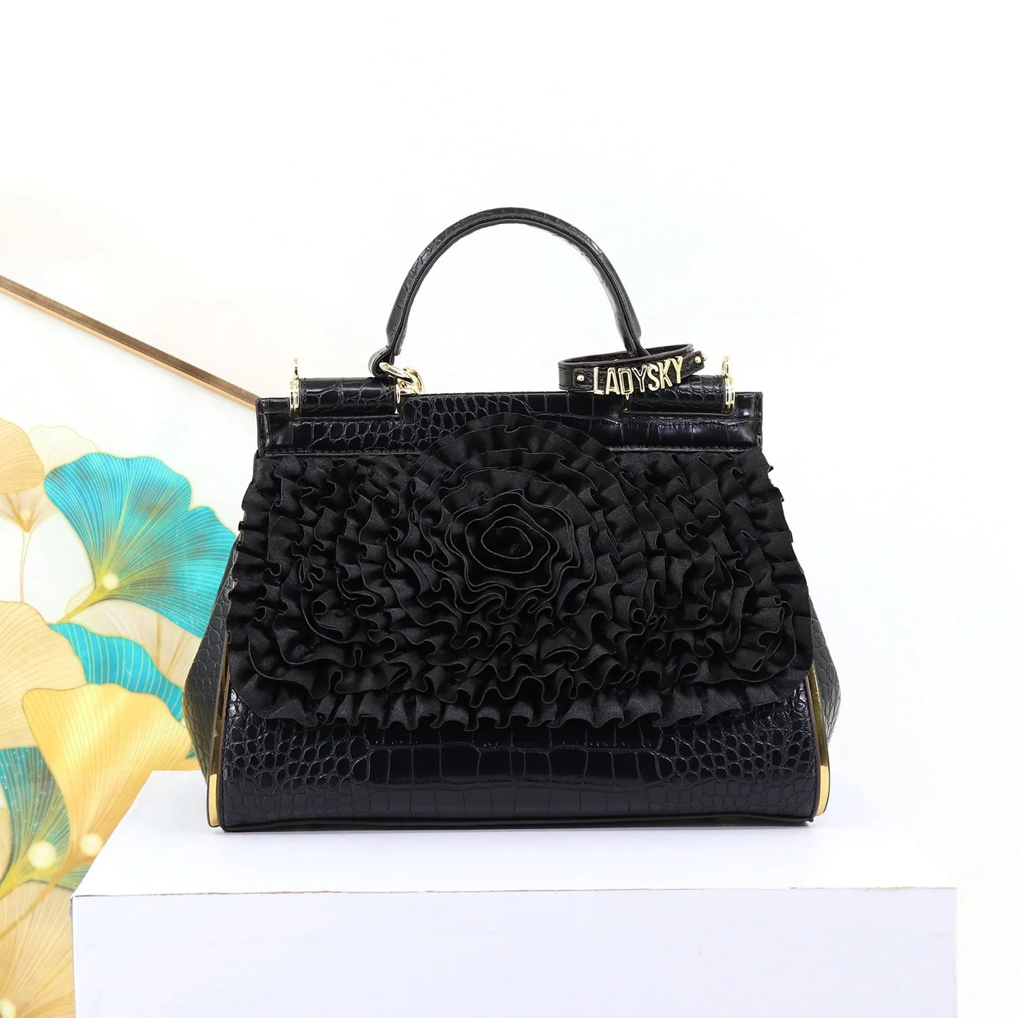 🍒3D foral handbag women fashion ladies bag luxury crossbody handbag crocodile elegant occasion accessory lotus leaf flower bag female bag with grab handle 30 cm Rose Gold