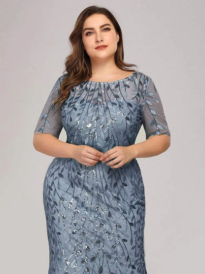 🍒Plus size sequin mesh dress mermaid evening gown beaded leaves pattern party occasion wear prom gowns short Sleeve sparkly outfits for women Fish Dish For Christmas