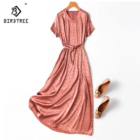 🍒Summer silk dress 93% Silk 7% Spandex outfit women v-neck short sleeve midi dress loose Jacquard printed holiday wear party occasion wear