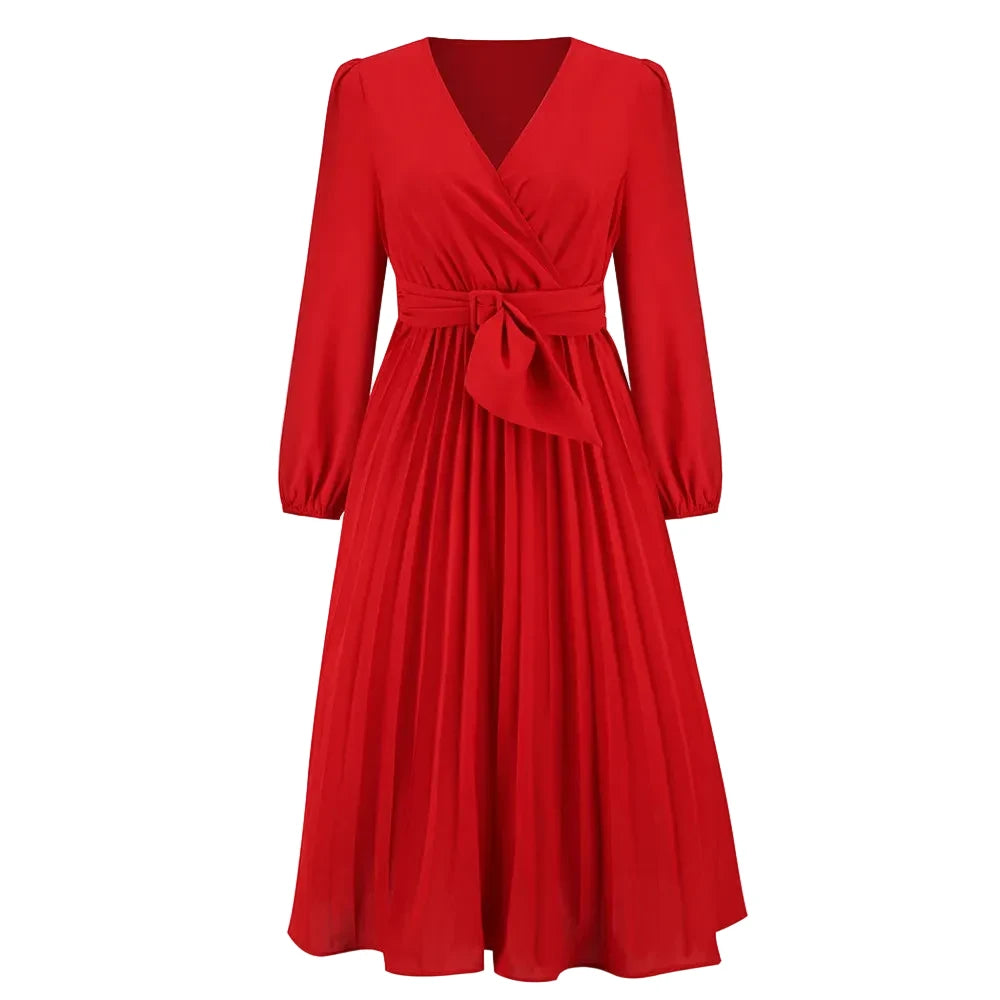 🍒Long sleeve v- neck pleated dress solid colour midi outfit with waist belt long dresses smart casual women office wear 'Appy A-lines