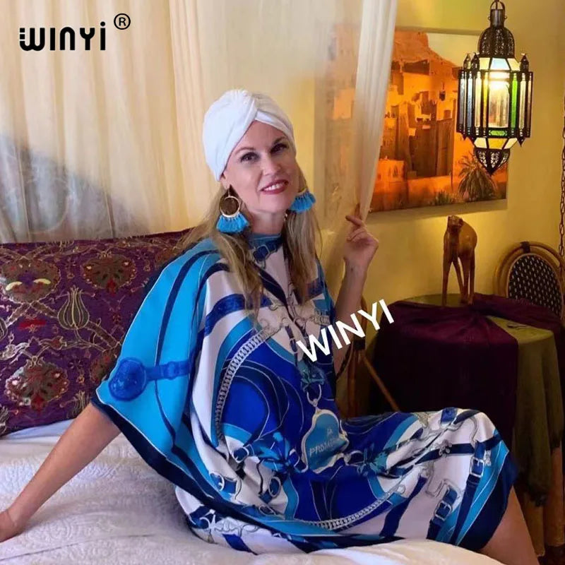 🍒Printed scarf dress loose fit women's silk outfit coloful beach coverup loose batwing midi fashion feminine beach wear  summer party wear You Will Have A Whale Of A Time Wearing This