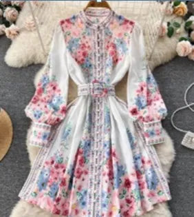 🍒Mandarin collar puff sleeve dress women sweet spring and autumn fashion pleated dresses floral outfit over knee dress