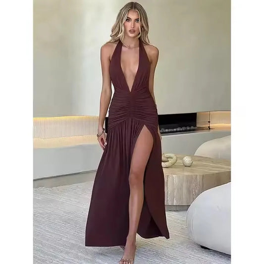 🍒backless sleeveless dress halter V-neck elegant maxi high slit womens fashion party occasion wear