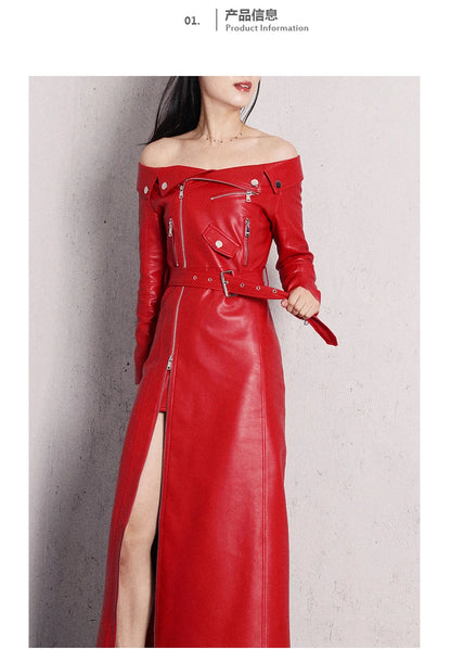 🍒Leather long dresses with side split for women slash neck red black pu outfit long sleeve shoulderless for occasions party wear club wear REDiculously Cool