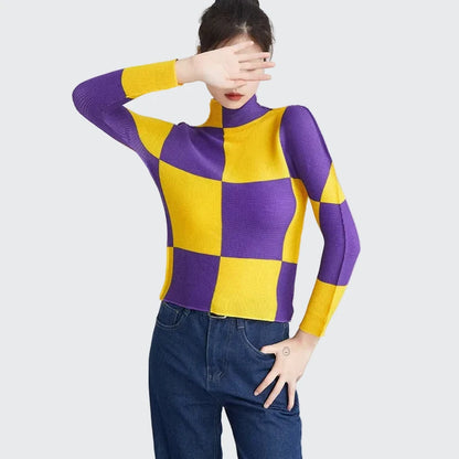 🍒Designer summer tops geometric fashion wear printed long sleeve blouse checkered women casual shirts stretch pleated t-shirts Square This Square At Check-Out