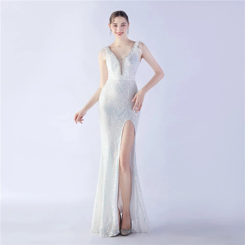 🍒Beaded evening dress v neck sleeveless feather decorated occasion wear party outfit with side slit high-end maxi Work It In Your Bead Work