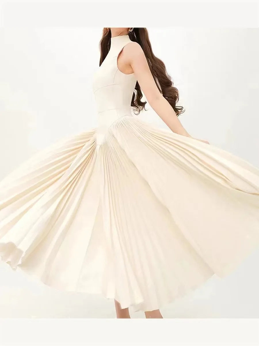 🍒Summer high neck dress a line pleated Irregular long midi outfit fit and flare slim fit smart casual summer wear Purely Pefect