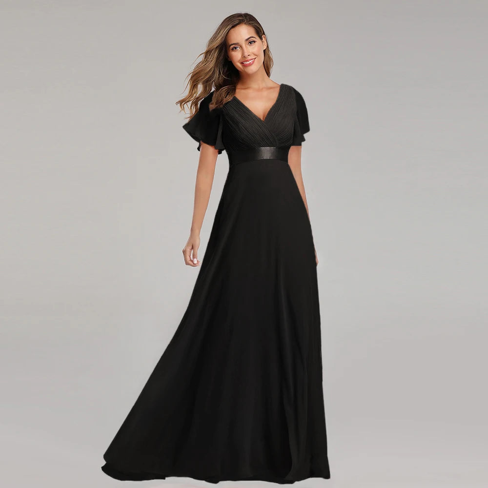 🍒Elegant evening dresses chiffon v-neck ruffle dress long gown for wedding party occasion wear outfit a-line maxi