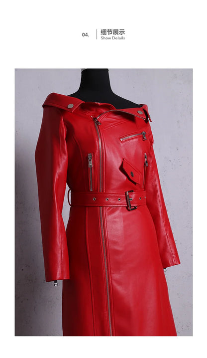🍒Leather long dresses with side split for women slash neck red black pu outfit long sleeve shoulderless for occasions party wear club wear REDiculously Cool