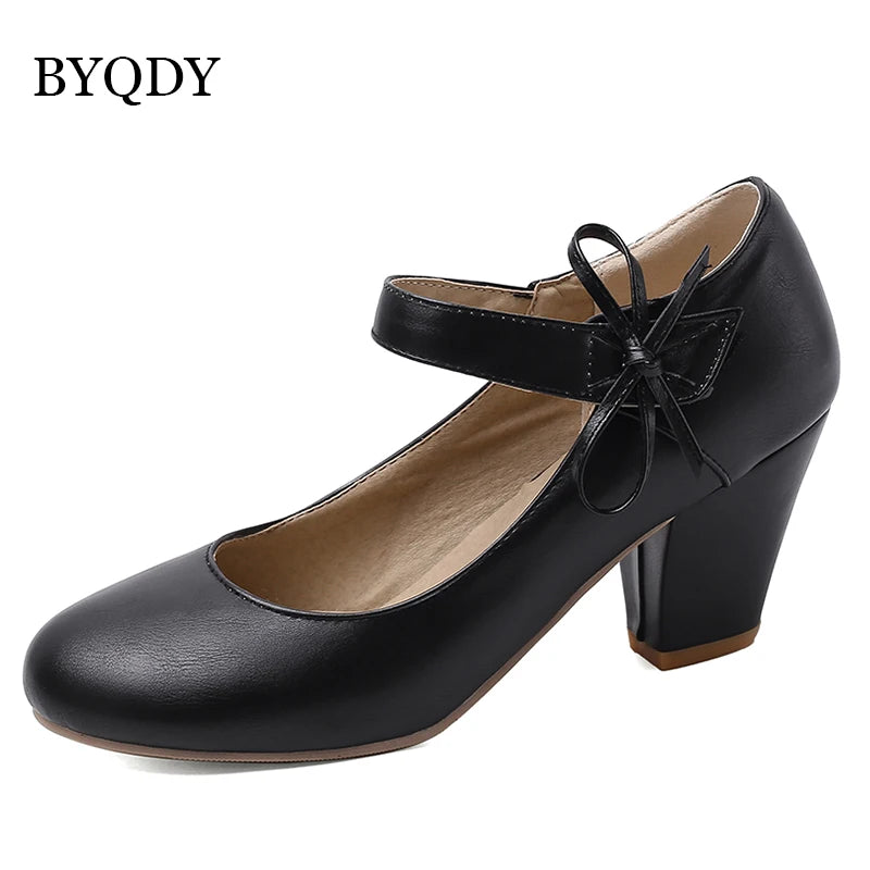 🍒Womens pumps 7cm high thick block heels round toe mary Janes shoes wedding dress footwear office shoes ladies ankle strap heels with bows
