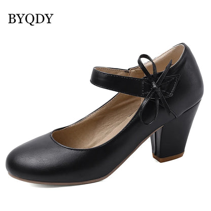 🍒Womens pumps 7cm high thick block heels round toe mary Janes shoes wedding dress footwear office shoes ladies ankle strap heels with bows