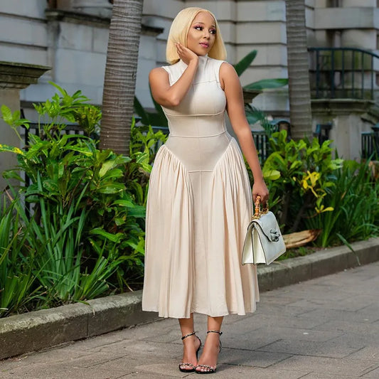 🍒Summer high neck dress a line pleated Irregular long midi outfit fit and flare slim fit smart casual summer wear Purely Pefect