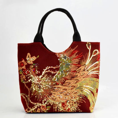 🍒Sequins tote bag ethnic style peacock embroidery handbags ladies vintage canvas crossbody bag grab bag smart casual accesssories Display Your Style With A peacock
