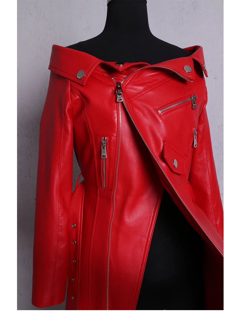 🍒Leather long dresses with side split for women slash neck red black pu outfit long sleeve shoulderless for occasions party wear club wear REDiculously Cool