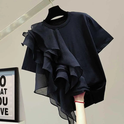 🍒Mixed media ruffle white tops for women o-neck short sleeve casual t-shirt female fashion clothing Summer