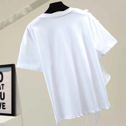 🍒Mixed media ruffle white tops for women o-neck short sleeve casual t-shirt female fashion clothing Summer