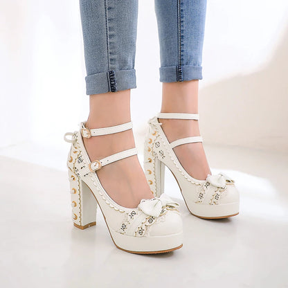 🍒Ladies vintage high heels platform shoes for women cute bow lace princess Mary Janes party buckle pumps Get Pretty Pumped Up