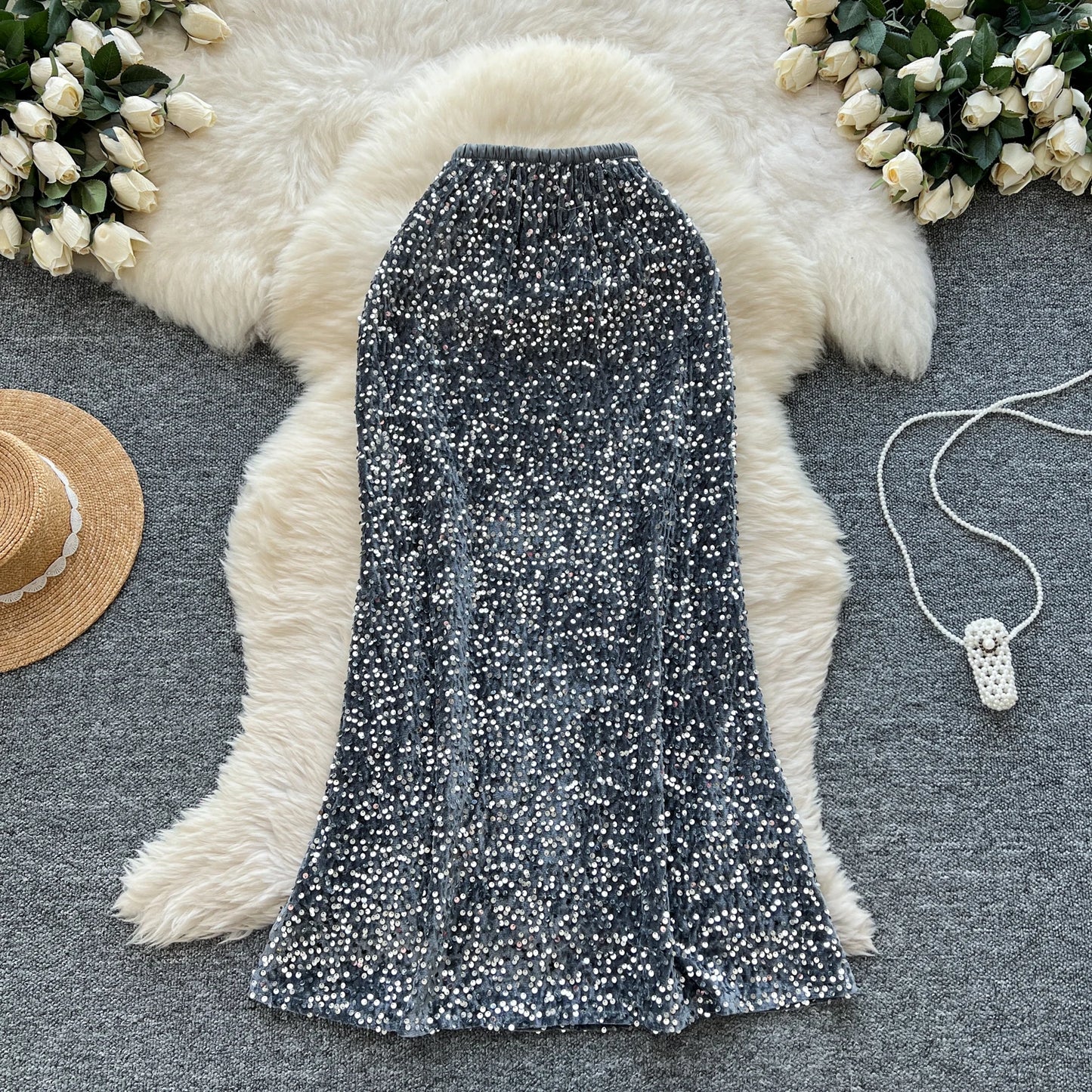 🍒Sequin tulip skirt fitted hip womens smart casual high waist elastic skirts feminine fashion party wear occasion fashion wear