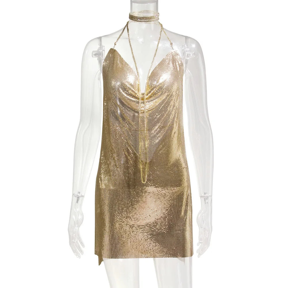 🍒Party outfit for woman Hauture summer wear shiny halter mini dress with cowl neck bodycon backless translucent metallic fashion evening occasion wear club wear Melt Hearts Metalics