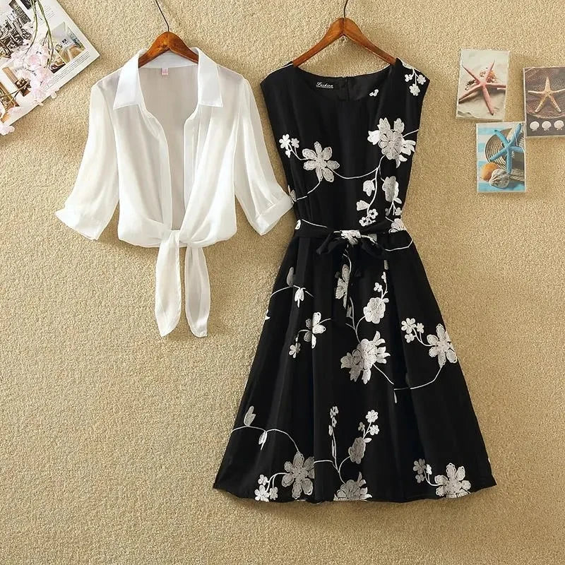 🍒Two piece outfits summer  dress fashion a line summer sets for women elegant floral clothing smart casual wear Move Into Monochrome