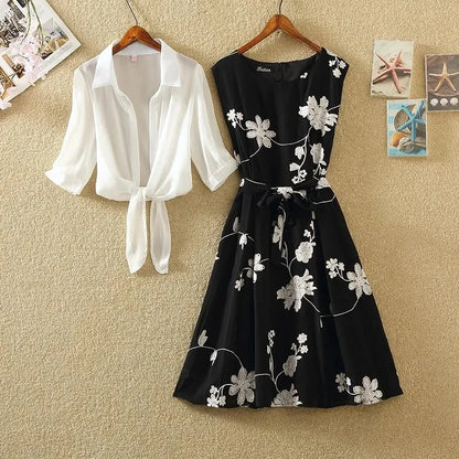 🍒Two piece outfits summer  dress fashion a line summer sets for women elegant floral clothing smart casual wear Move Into Monochrome