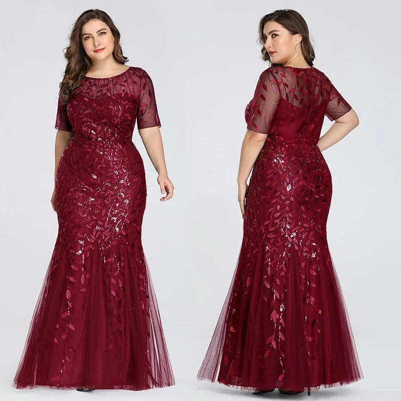 🍒Plus size sequin mesh dress mermaid evening gown beaded leaves pattern party occasion wear prom gowns short Sleeve sparkly outfits for women Fish Dish For Christmas