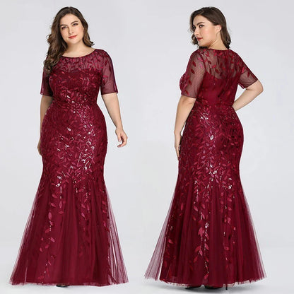 🍒Plus size sequin mesh dress mermaid evening gown beaded leaves pattern party occasion wear prom gowns short Sleeve sparkly outfits for women Fish Dish For Christmas