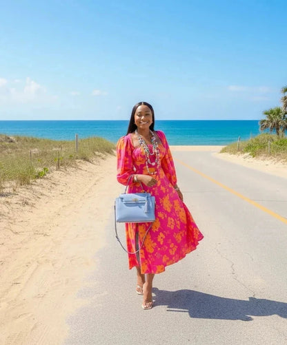 🍒Women's floral print dress midaxi square collar long puff sleeve party dress with split fashion with flowers bright colour outfits beach party wear holiday clothing Get Satu-Rated