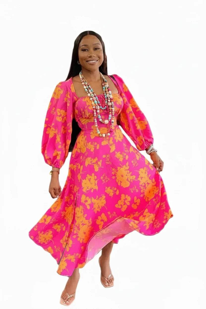 🍒Women's floral print dress midaxi square collar long puff sleeve party dress with split fashion with flowers bright colour outfits beach party wear holiday clothing Get Satu-Rated