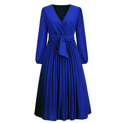 🍒Long sleeve v- neck pleated dress solid colour midi outfit with waist belt long dresses smart casual women office wear 'Appy A-lines