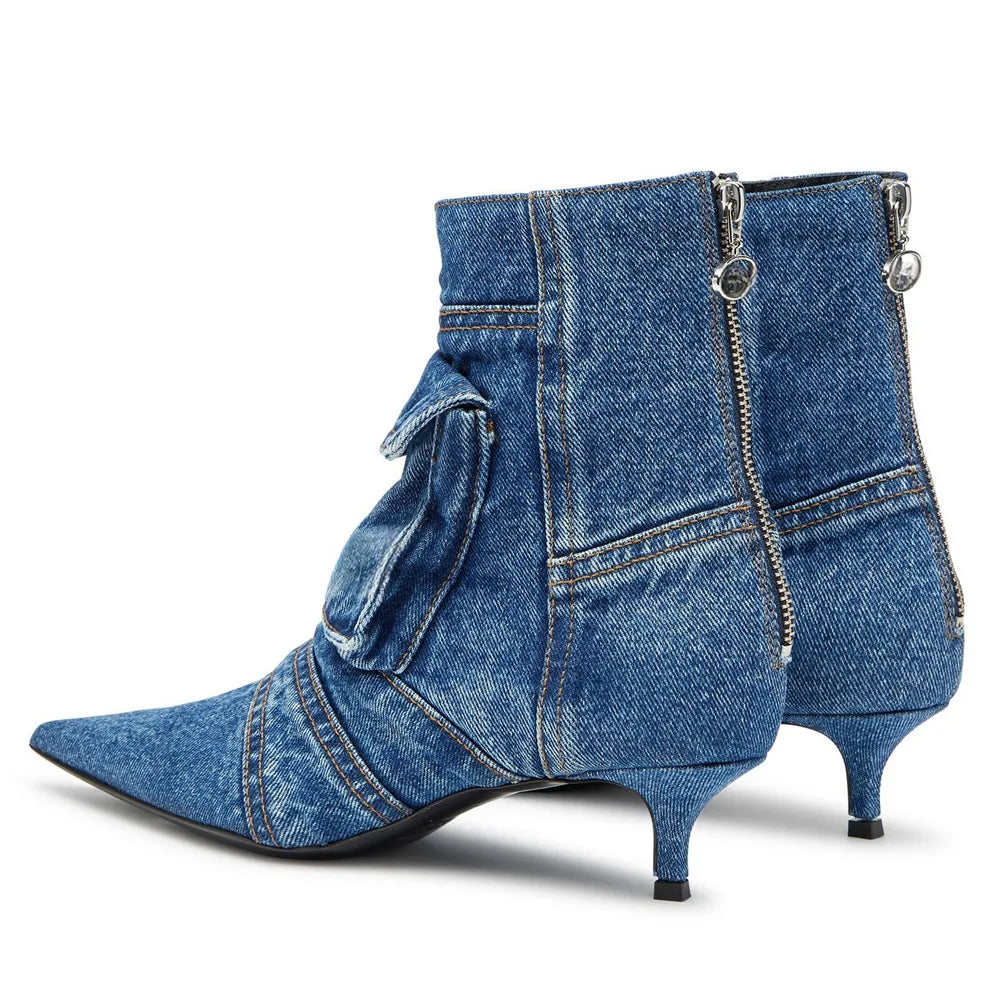 🍒Denim pockets boots ankle kitten heel shoes back zipper shoes retro styles booties with pointed toe smart casual footwear women Pocket This Denim And Make A Point
