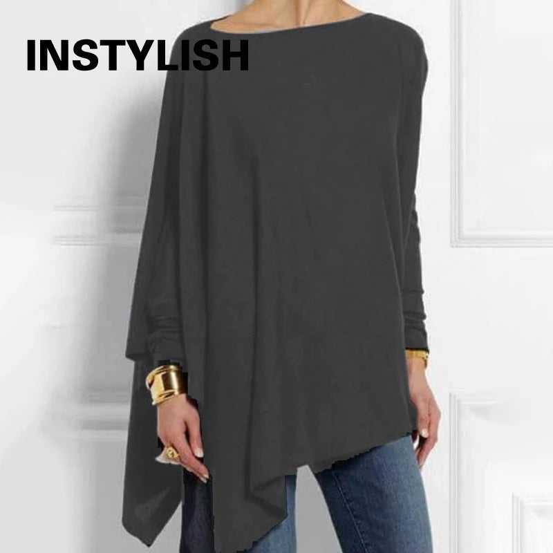 🍒 Tops Irregular casual wear o-neck long sleeve top female tunic fall plus size women tops cotton blend