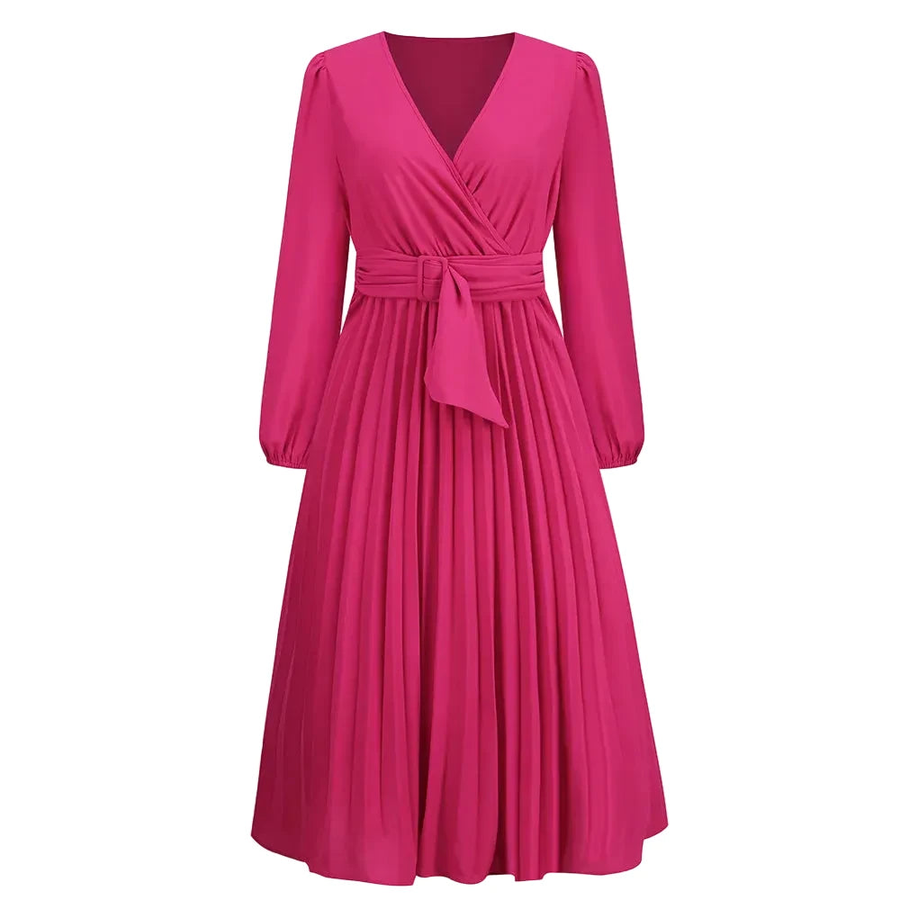🍒Long sleeve v- neck pleated dress solid colour midi outfit with waist belt long dresses smart casual women office wear 'Appy A-lines