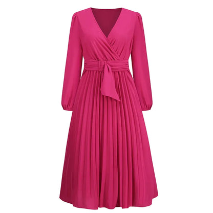 🍒Long sleeve v- neck pleated dress solid colour midi outfit with waist belt long dresses smart casual women office wear 'Appy A-lines