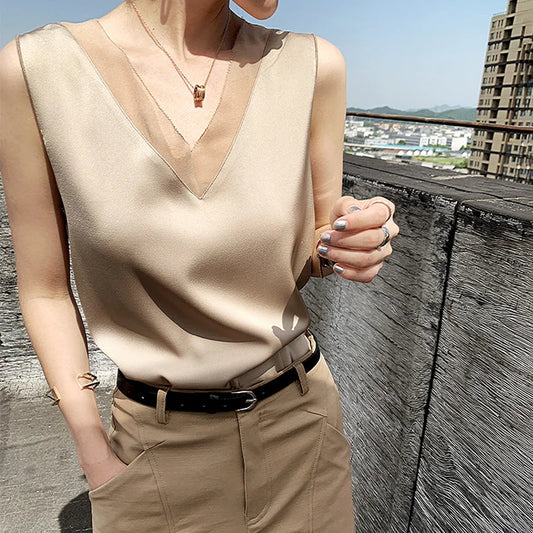 🍒Satin blouses for women summer top for office wear satin camisole versatile fashion party wear occasion wear with chifon edge