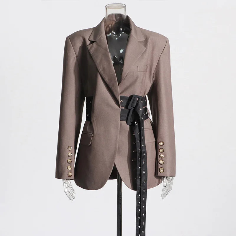 🍒Double belt button casual jacket v-neck lapel jacket belted blazers for occasion women outwear smart casual clothes  A Belter of A Blazer